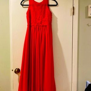 Long red lace & chiffon gown